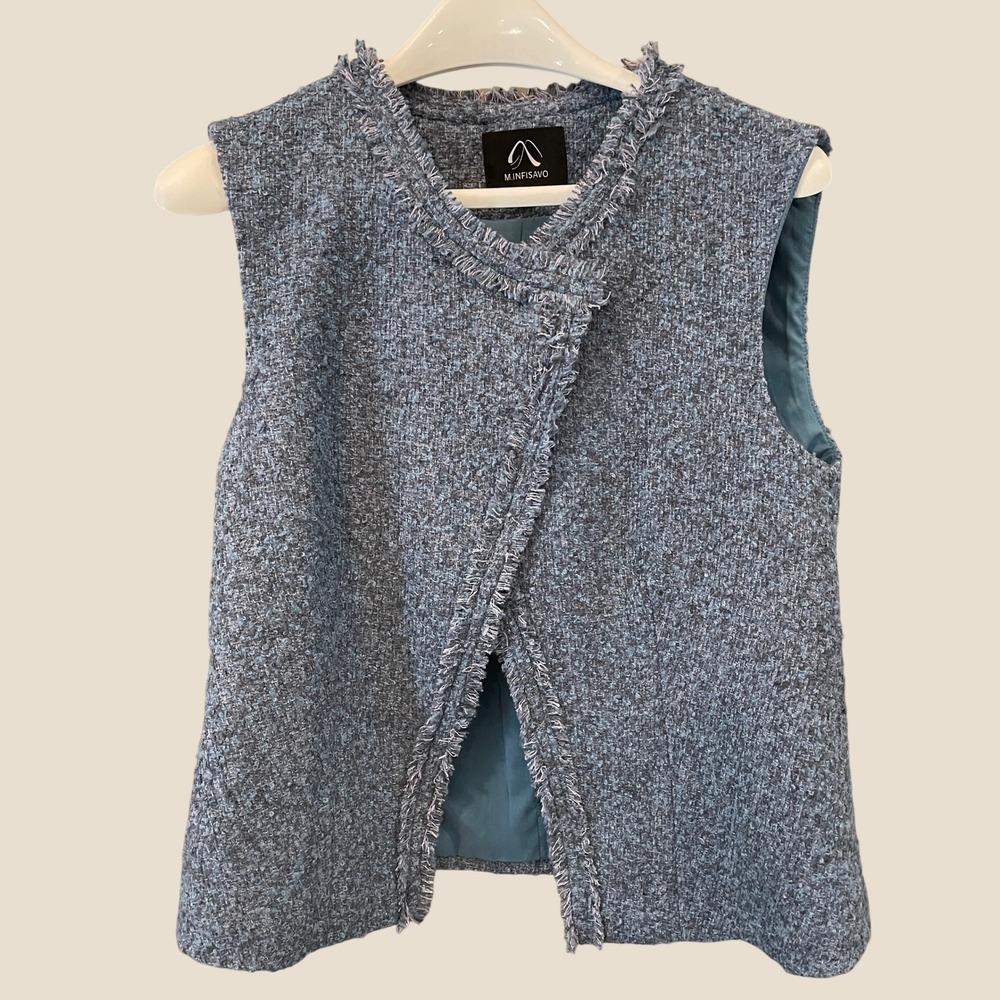 M.INFISAVO Blue Tweed Frayed Fringe Asymmetrical Wrap Vest Small Wool Blend